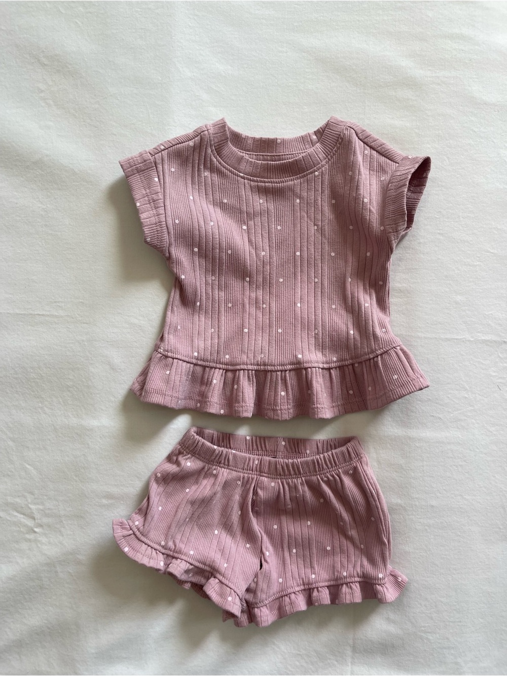0-3 cloud island Mauve Pink Ribbed Dot Peplum Top & Shorts Set‎